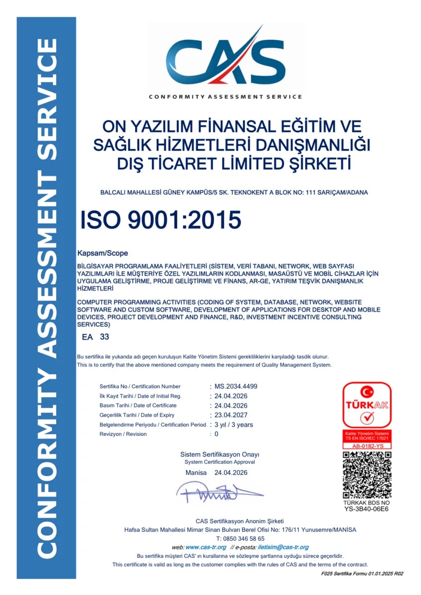 ISO 9001:2015 Kalite Yönetim Sistemi sertifikası